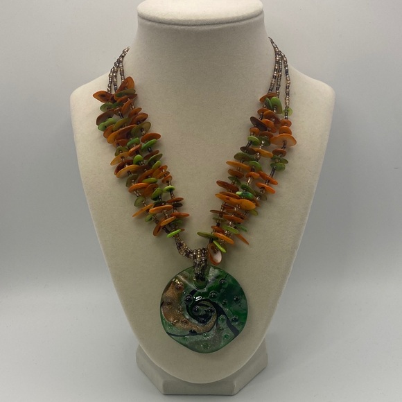 Handcrafted CG Green and Brown Necklace 3 Stands with Art Glass Pendant - Picture 1 of 11